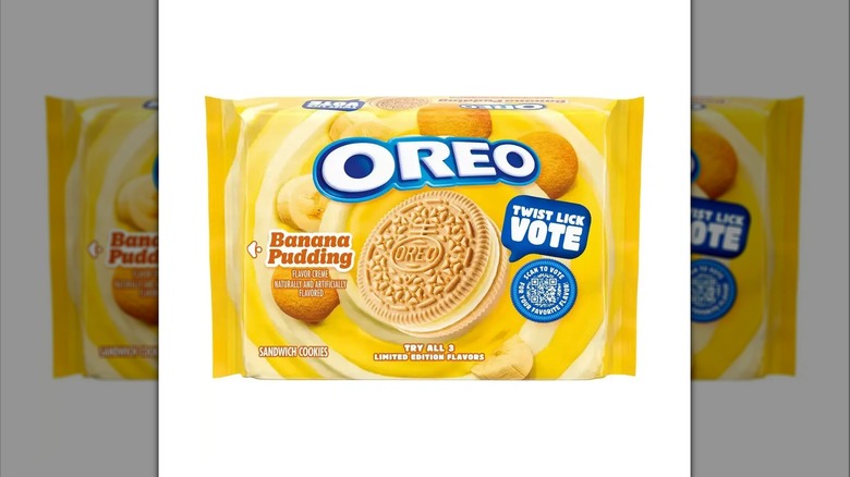 Yellow package of Banana Pudding flavored Oreo cookies