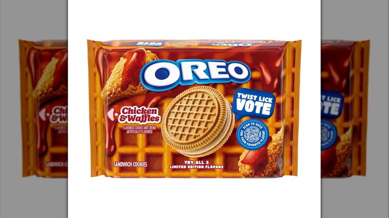 Orange package of Chicken & Waffles flavored Oreo