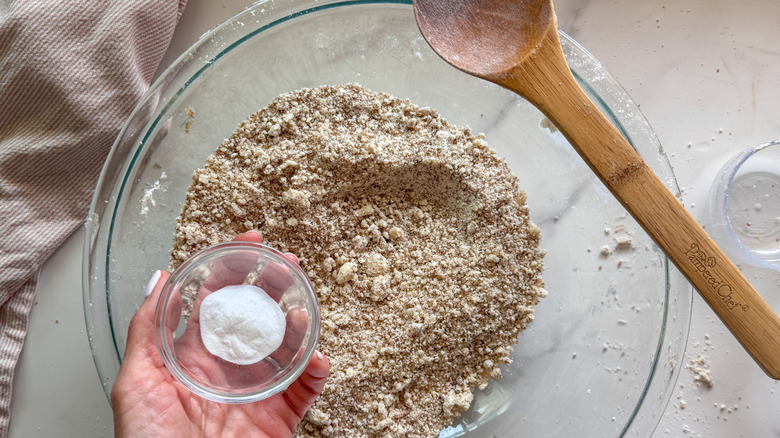 hand adding baking soda to bowl