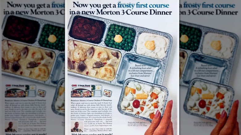 A vintage advertisement for a TV dinner