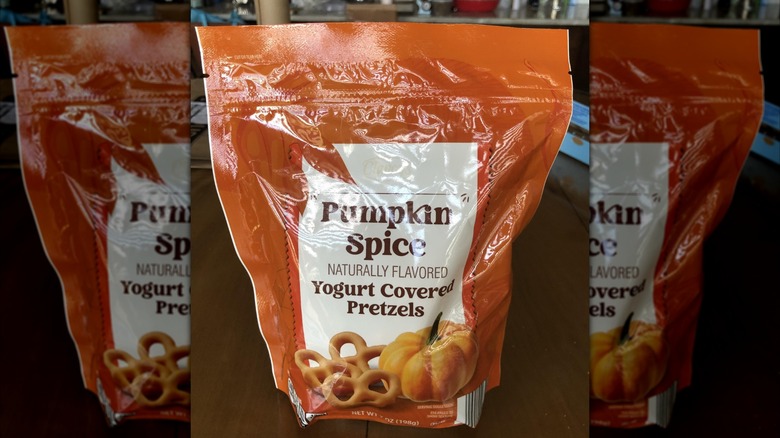 An orange bag of Clancy's Pumpkin Spice Covered Pretzels from Aldi