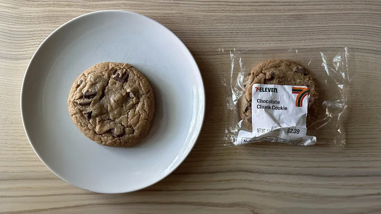 A 7-11 Chocolate Chunk Cookie on a plate and another in a bag