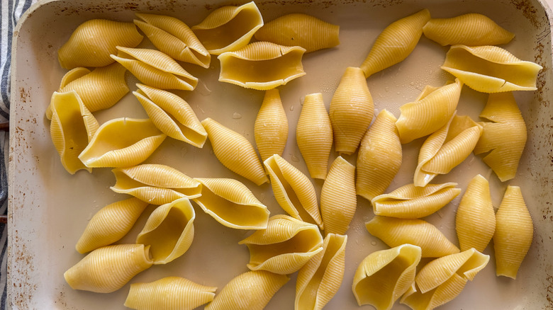 Pasta shells on baking tray