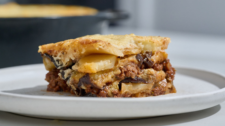 slice of beef moussaka on a plate