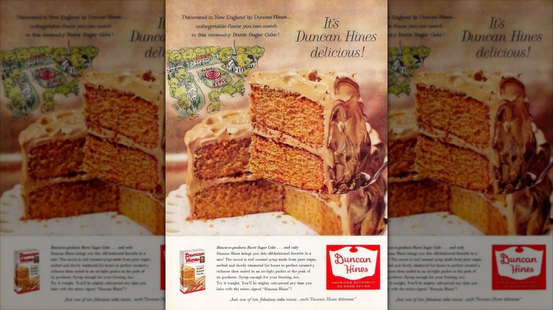 Advertisement for Duncan Hines Burnt Sugar Cake Mix showing photograph of frosted layer cake