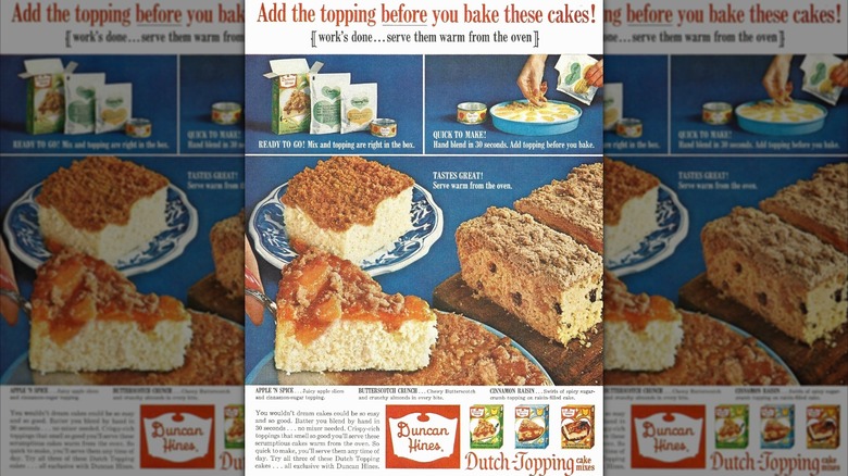 Advertisement for Duncan Hines Dutch-Topping cake mixes with three different cakes displayed on blue background