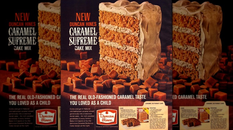Advertisement for Duncan Hines Caramel Supreme Cake Mix showing three-tier frosted cake slice surrounded by square caramel candies