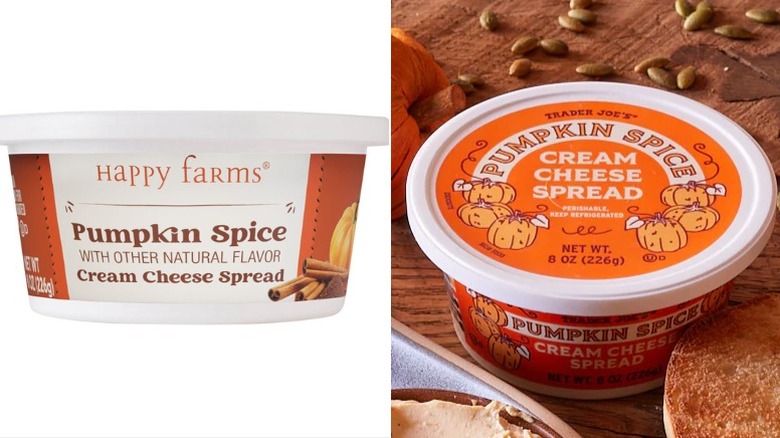 A tub of Aldi's Happy Farms Pumpkin Spice Cream Cheese Spread and Trader Joe's Pumpkin Spice Cream Cheese Spread