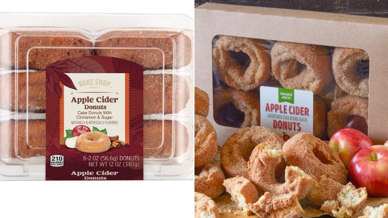 A box of Bake Shop Apple Cider Donuts and Trader Joe's Apple Cider Donuts in a box with donuts and apples in front
