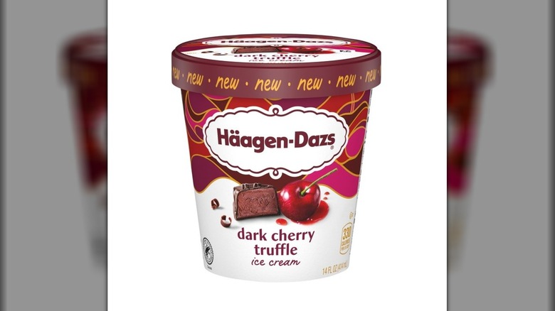 A pint of Häagen-Dazs Dark Cherry Truffle ice cream on display
