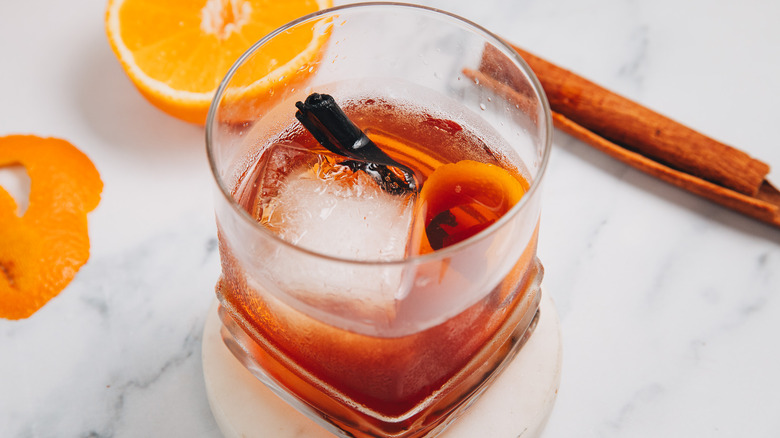 Overhead view of glass of a brown butter old fashioned