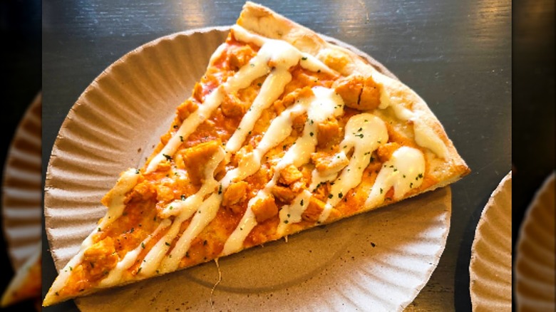 Slice of buffalo chicken pizza at Totonno's