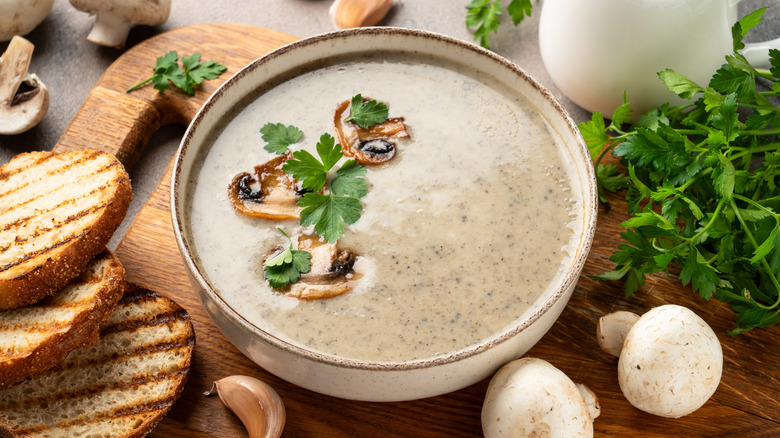 A bowl of cream of mushroom soup