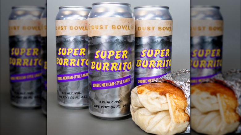 Cans of Dust Bowl Brewing Company's Super Burrito beer next to burrito