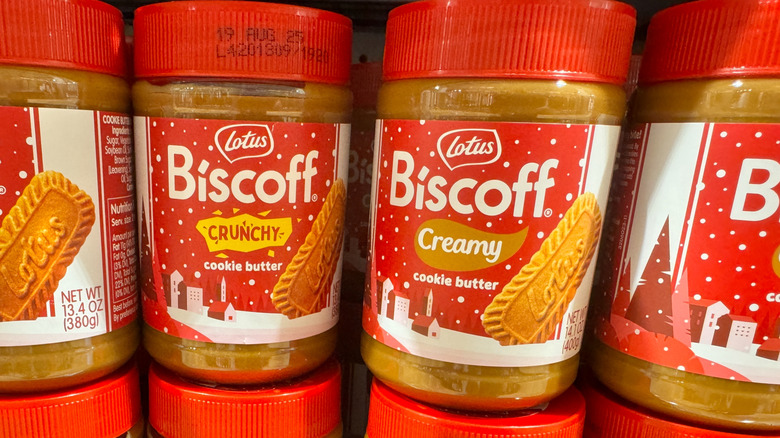 Jars of Biscoff cookie butter on a grocery store shelves