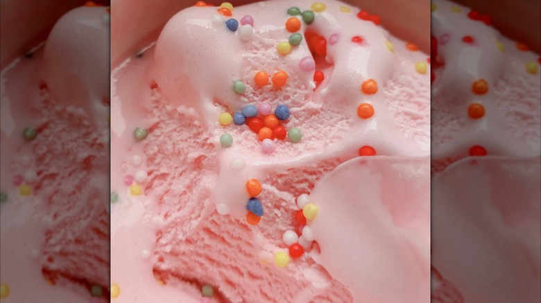 close up of pink bubblegum ice cream, mirrored image