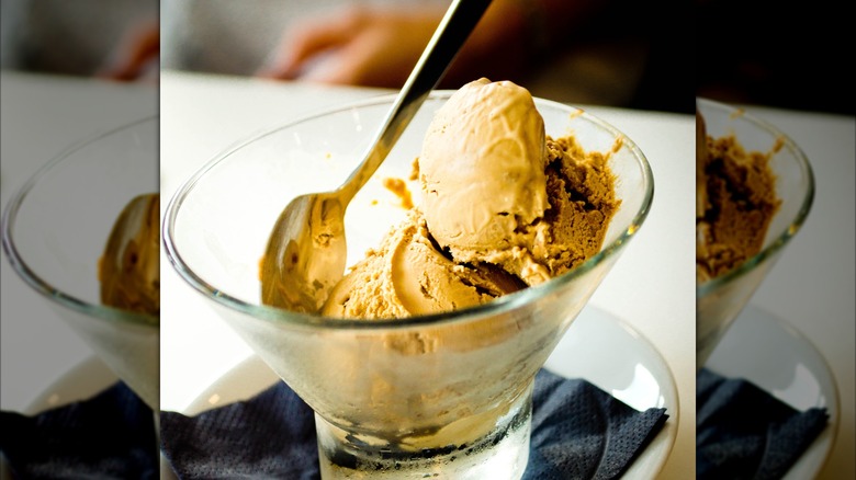 Rum and raisin ice cream in a sundae glass with spoon, mirrored image