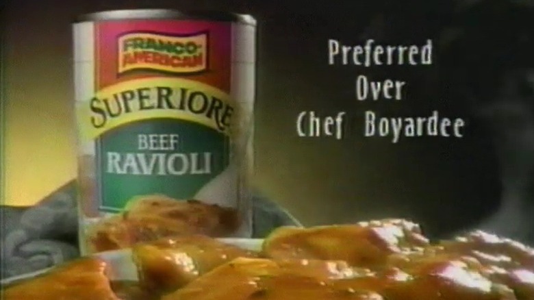 A screenshot of a 1990s commercial for Franco American Superiore Beef Ravioli