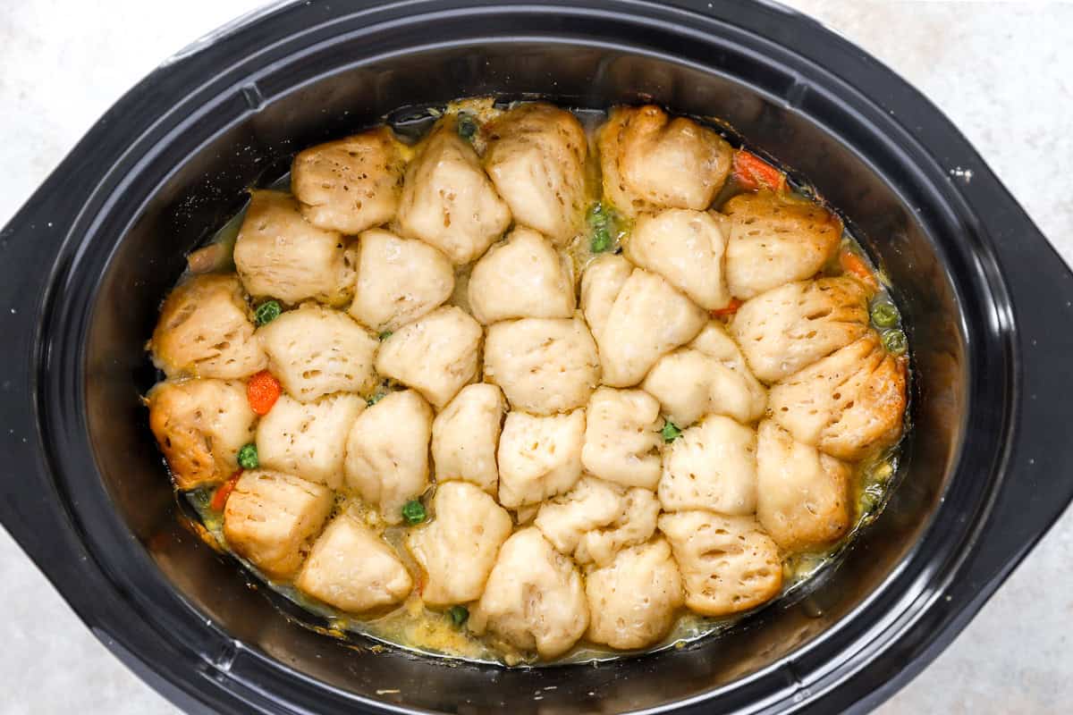 Raw biscuit dumplings placed on top of the crockpot