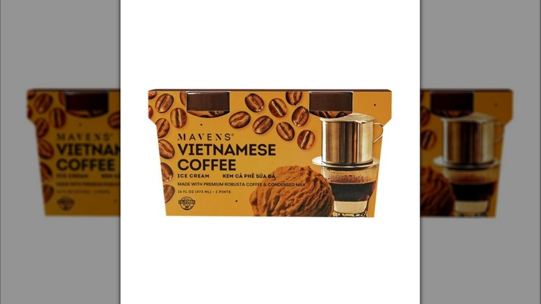 Two-pint package of Maven's Creamery Vietnamese Coffee Ice Cream with brown package design showing coffee beans, cup of coffee, and scoop of ice cream on a white background.