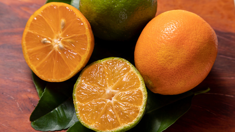 Rangpur limes cut in half on table