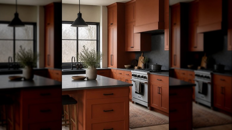 View of caramel and black kitchen