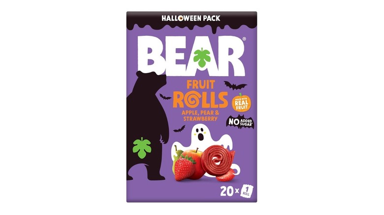 A purple package of BEAR fruit roll snacks for Halloweeen