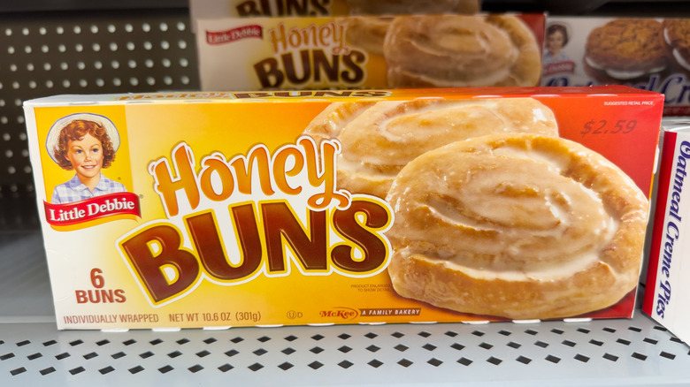 A box of Little Debbie Honey Buns on a store shelf
