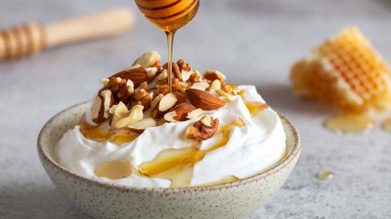 A bowl of yogurt topped with nuts and honey