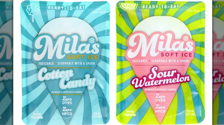 Bags of Mila's Soft Ice frozen desserts in cotton candy and sour watermelon varieties