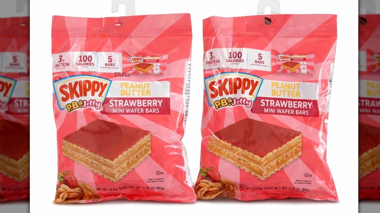 Two pink bags of Skippy PB&J Strawberry Mini Wafer Bars