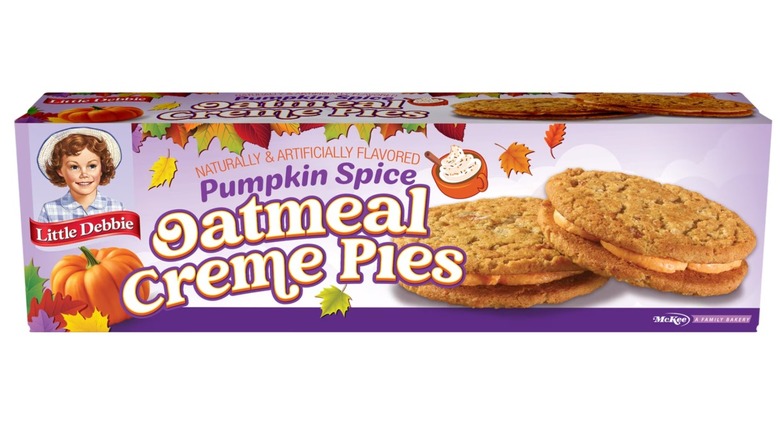 Purple box of Little Debbie Pumpkin Spice Oatmeal Creme Pies with fall leaf and pumpkin design