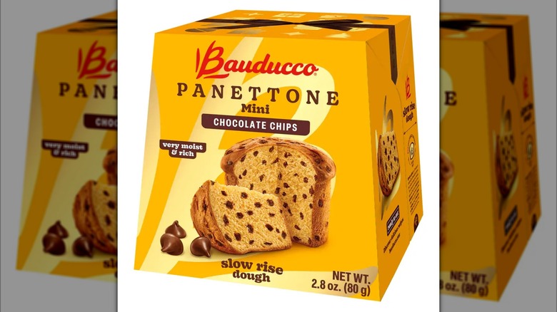 Yellow box of Bauducco Chocolate Chip Mini Panettone sweet loaf