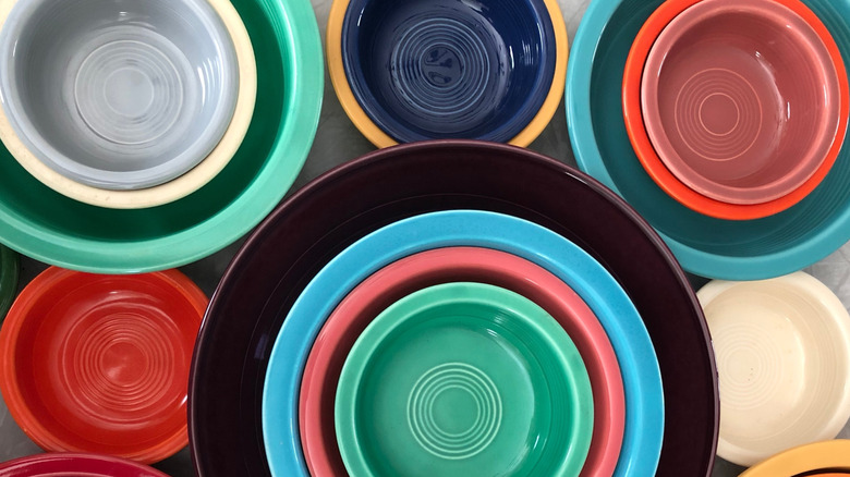 Overhead view of Fiestaware bowls in various bright colors