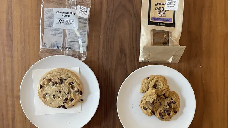 Walmart Marketside and Freshness Guaranteed Chocolate Chip Cookies on white plates
