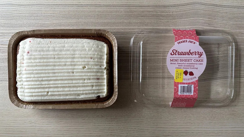 Trader Joe's Strawberry Mini Sheet Cake on wooden table
