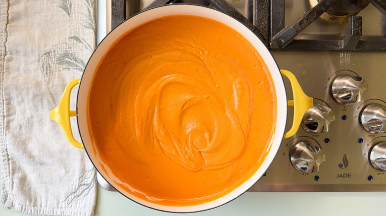 Pureed white bean tomato soup in pot on stovetop