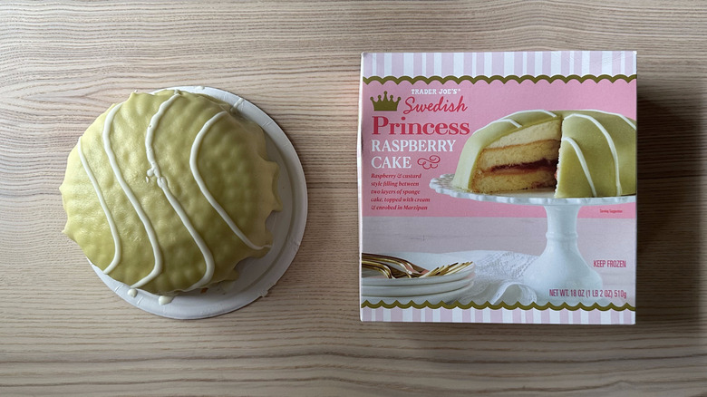 TJ Swedish Princess green cake on plate next to box