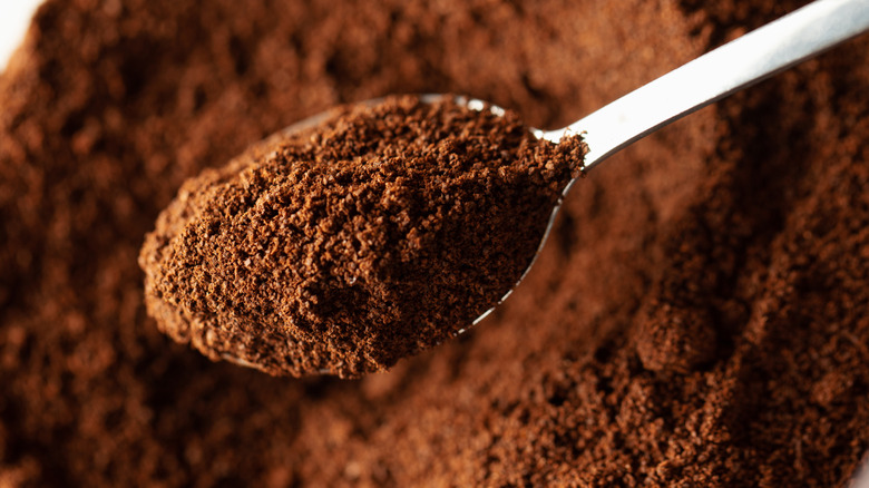 A spoon full of coffee grounds