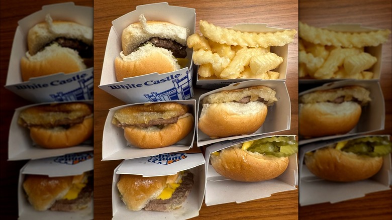 Variety of different White Castle sliders and fries in cardboard cartons