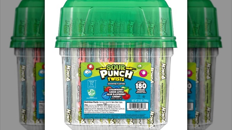 A tub of individually-wrapped Sour Punch Twists available at Costco