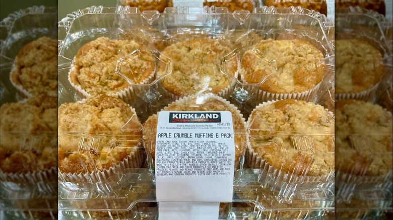 Six count tray of Kirkland Signature Apple Crumb Muffins from Costco.