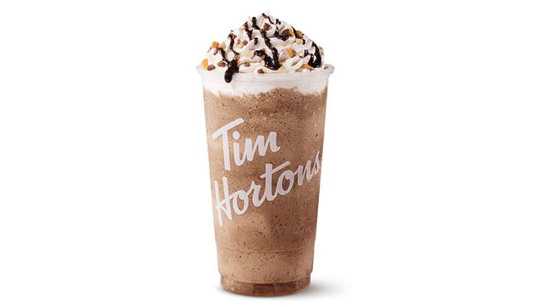 A Tim Hortons' Twix n' Treat Iced Capp against a white backdrop.