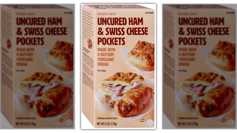 Trader Joe's Uncured Ham and Swiss Cheese Pockets in a box on a white background