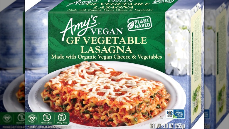 Box of Amy's vegan gluten-free vegetable lasagna with image of prepared lasagna on front