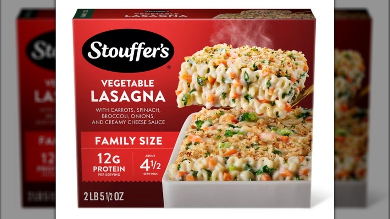 Box of Stouffer's vegetable lasagna with image of steaming lasagna being scooped out of baking pan on front