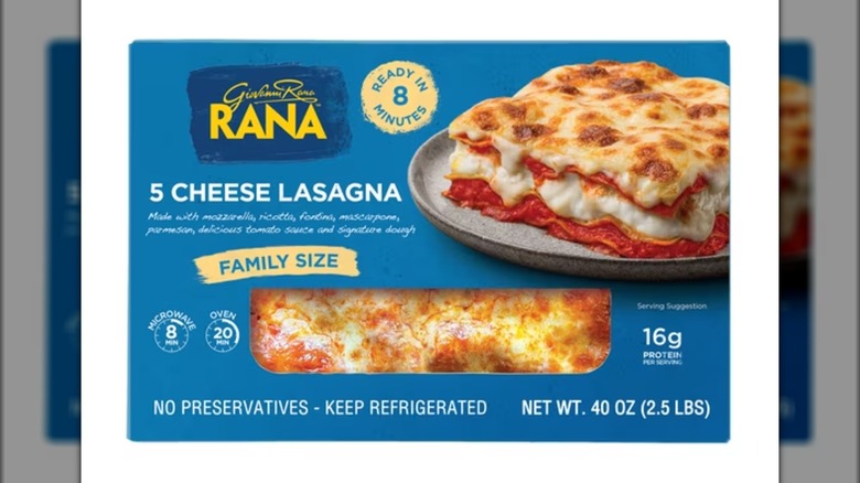 Box of Giovanni Rana 5 cheese lasagna with image of prepared lasagna on plate on front