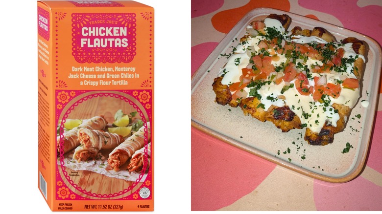 A split screen image of a box of Trader Joe's Chicken Flautas next to a plate of the prepared dish