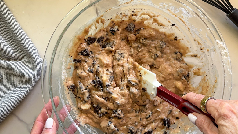 oreo banana bread batter in bowl