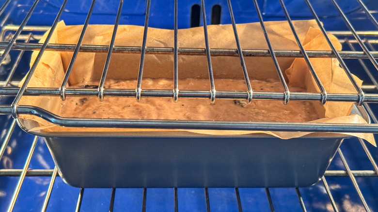 loaf pan in the oven